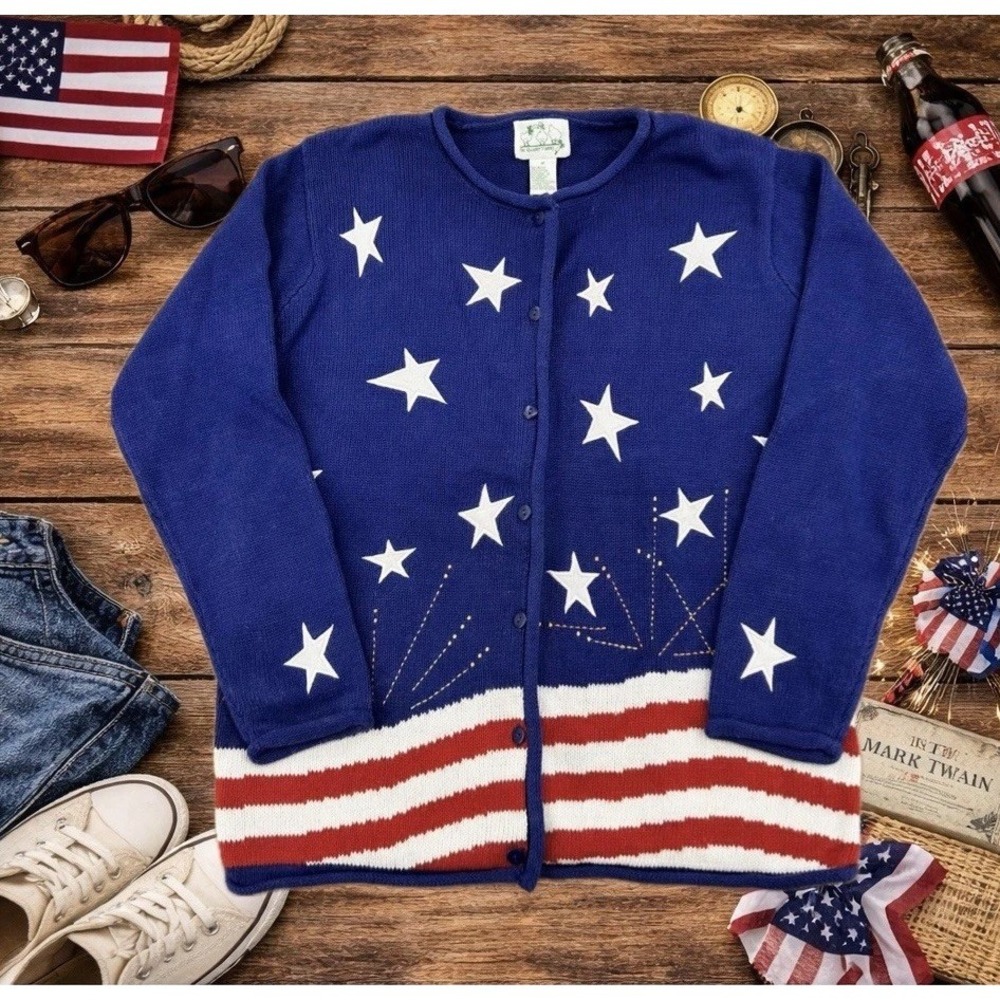 The Quacker Factory Cardigan Wms M Blue American Flag Stars Stripes Vintage 90s
